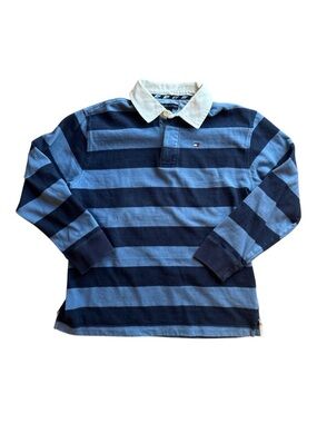 Tommy Hilfiger Blue Striped Rugby Shirt Preppy Classic Grandpa Core Long Sleeve